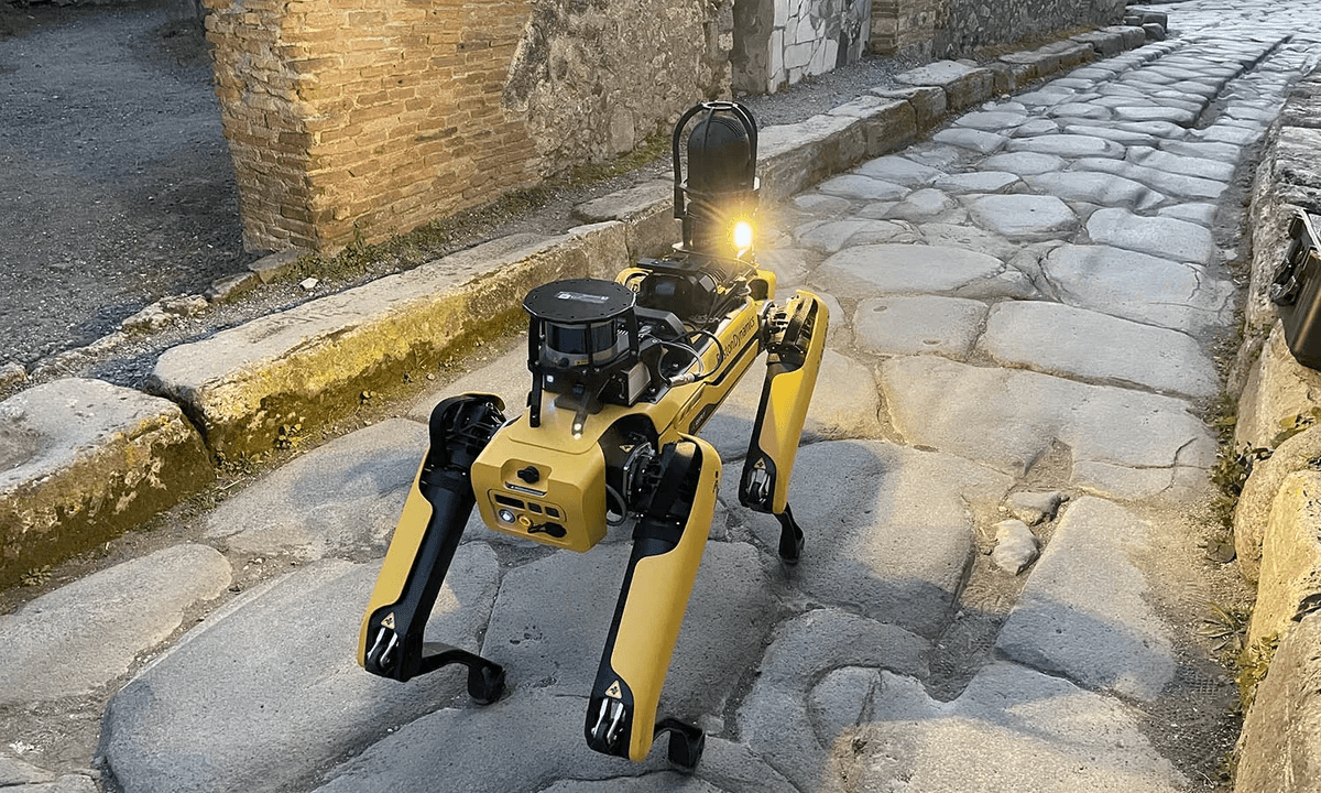 A robot dog patrolling the ruins of Pompeii, equipped with surveillance cameras and thermal sensors for security monitoring.