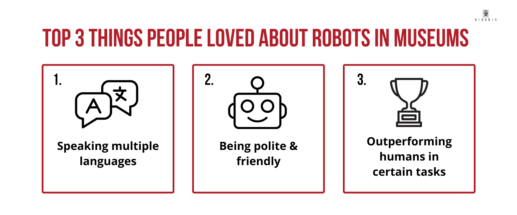 Top 3 things people loved about museum robots: speaking multiple languages, being polite and friendly, outperforming humans in tasks.